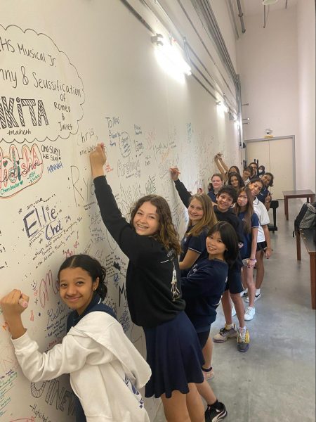 Students signing of the Robert B. Gaw theatre wall