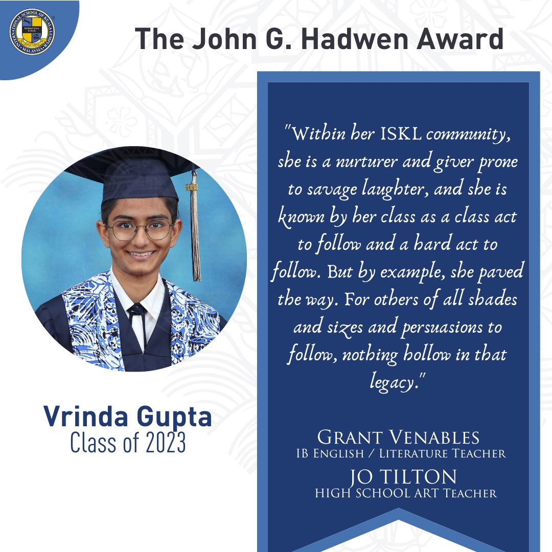 The John G. Hadwen Award, Outstanding Senior, awarded to Vrinda Gupta